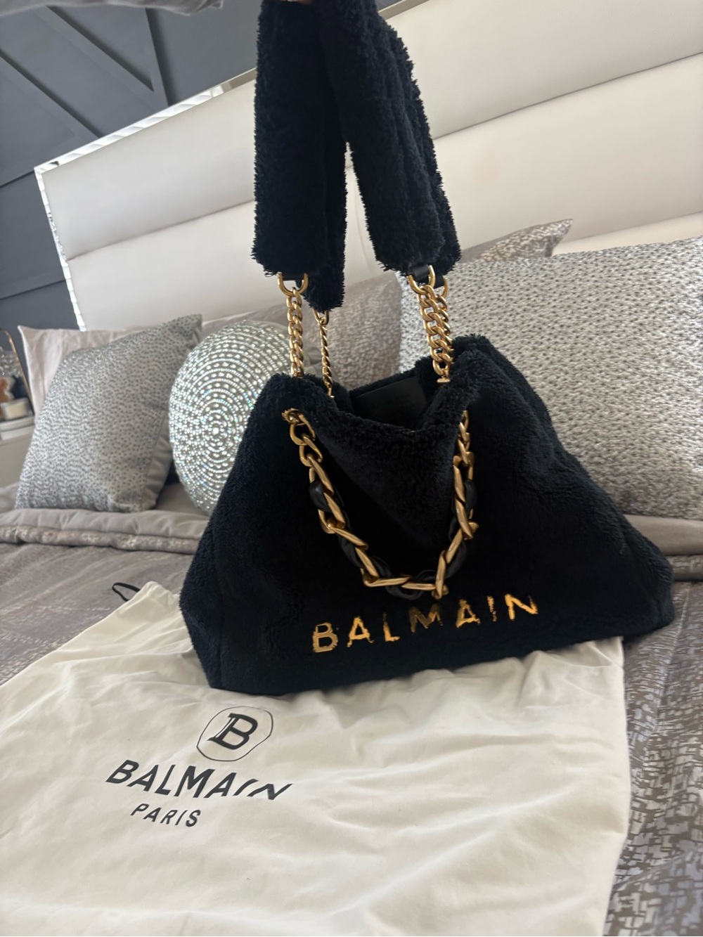 Balmain Black Faux Shearling Tote with Gold Chain Handles - Picture 5 of 8
